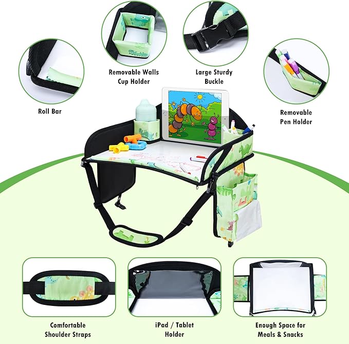 WENRENER Kids Travel Tray, Car Seat Tray for kids Travel, Toddler Road Trip Essentials With Drawing Kit, Toddler Lap Desk Organizer for Car, Carseat Table for Airplane