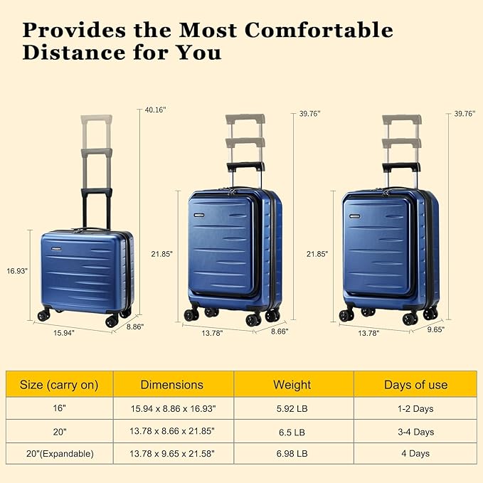 16 Inch Carry On Luggage Airline Approved, Expandable Lightweight ABS+PC Hard Shell Suitcases with 360° Spinner Wheels, TSA Lock, YKK Zippers (Navy Blue, 1 PC)