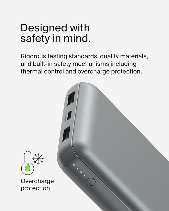 Belkin Portable Charger, USB C Power Bank 20000 mAh w/ 2 USB-A Ports, 15W w/A to C Cable - iPhone 17, Air, Pro, Pro Max, AirPods, Samsung Galaxy S25, iPad, Nintendo Switch 2, Google Pixel 10 - Gray