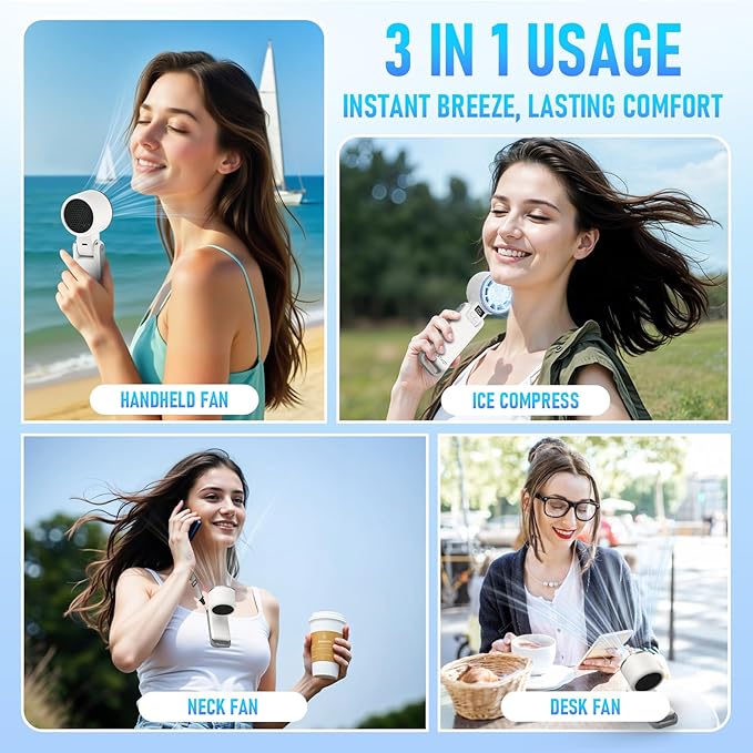 Portable Handheld Fan with Ice Cooling, Personal Fans Portable Rechargeable, Up tp 12Hrs Cooling, 5 Speed 25550RPM Hand Fan Rechargeable for Travel, Outdoor, Camping, Hiking (White)