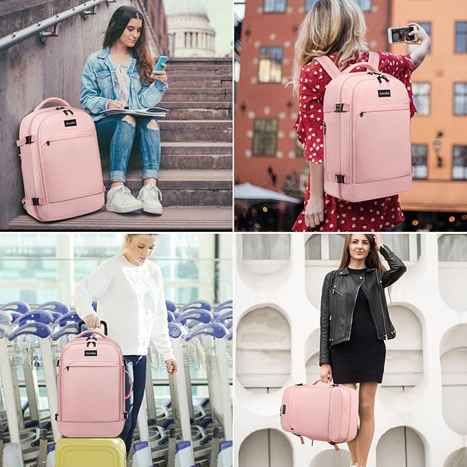 Asenlin 40L Travel Backpack for Women Men，17 Inch Laptop Backpack Flight Approved Luggage Carry On Water Resistant for Weekender Overnight Large Daypack PalePink