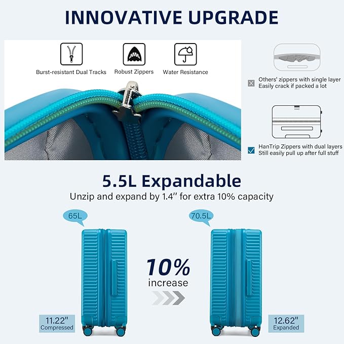 Hard Shell Suitcases Travel Expandable Luggage, 24 Inch Check in Luggage with Spinner Wheels Cup Holder Charger Built in, Checked Medium Suitcase Lightweight Suitcases, Caribbean Blue