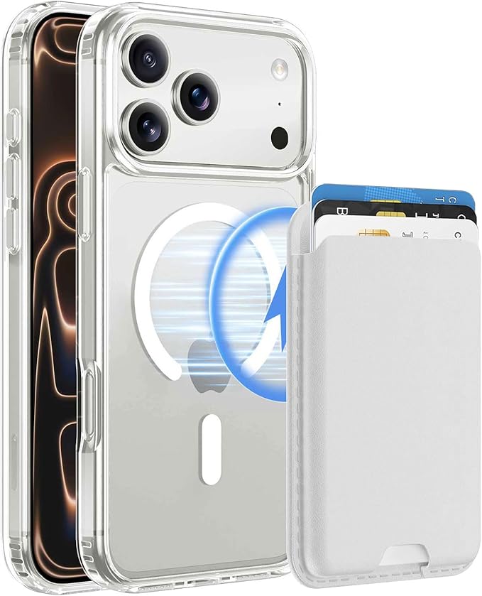 Ntwinro Magnetic for iPhone 17 Pro Max Clear Case (Compatible with MagSafe) with White Detachable Wallet & Card Holder for 3 Cards [RFID Blocking] Military Grade Protective Slim Phone Cover