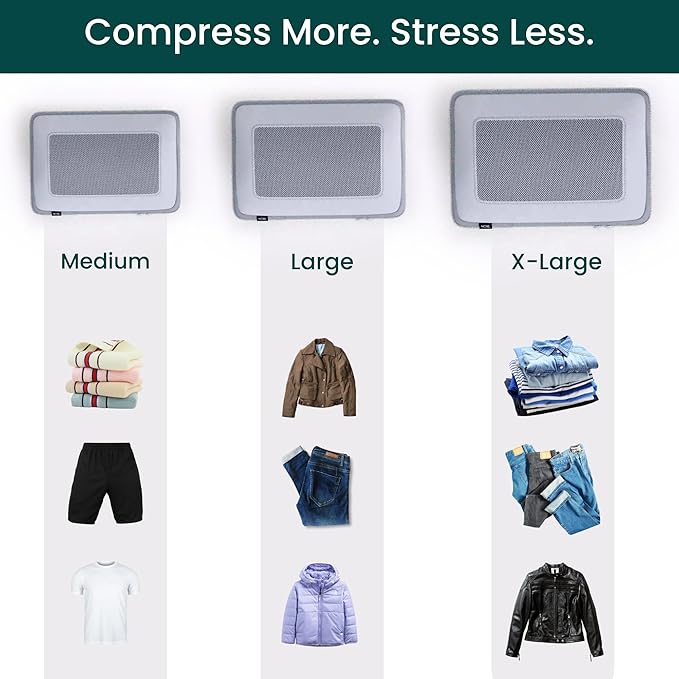 Nobl Travel Compressible Packing Cubes Set, 6 Pieces Travel Packing Organizers, Compression Luggage Cubes for Suitcases & Carry On, Space Saving (XXS, XS, S, M, L, XL) - Cloud