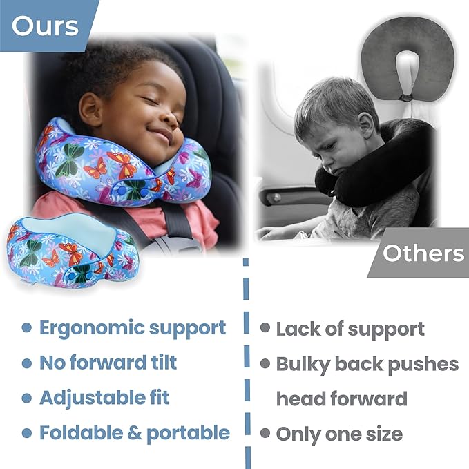 SKYTRAX® Certified Kids Safe Memory Foam Travel Neck Pillow for Kids and Toddlers, Cute Cartoon Design, Car Seat & Airplane Head Neck Support, Adjustable Snap Button, Washable Soft Cover (Butterfly)