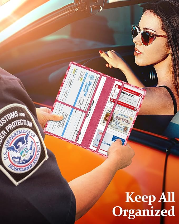 Slohif Car Registration and Insurance Card Holder with Magnetic Shut - Vehicle Glove Box Organizer Women Leather Automobile License Holders Coasters Auto Accessories Case for Document,grid