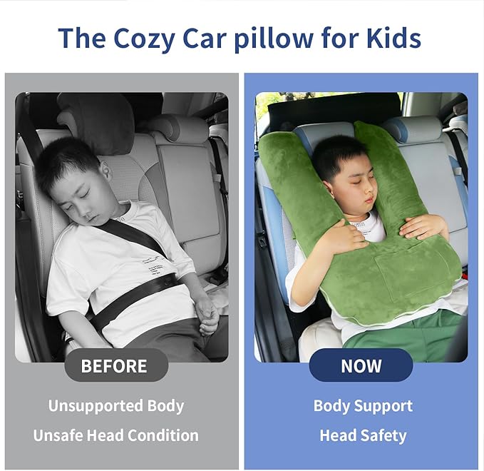 Travel Pillow, Car Pillow for Kids and Adults-Neck & Body Support，car Sleeping Pillow，Road Trip Essentials，Removable and Washable Covers，Skin-Friendly（Green）