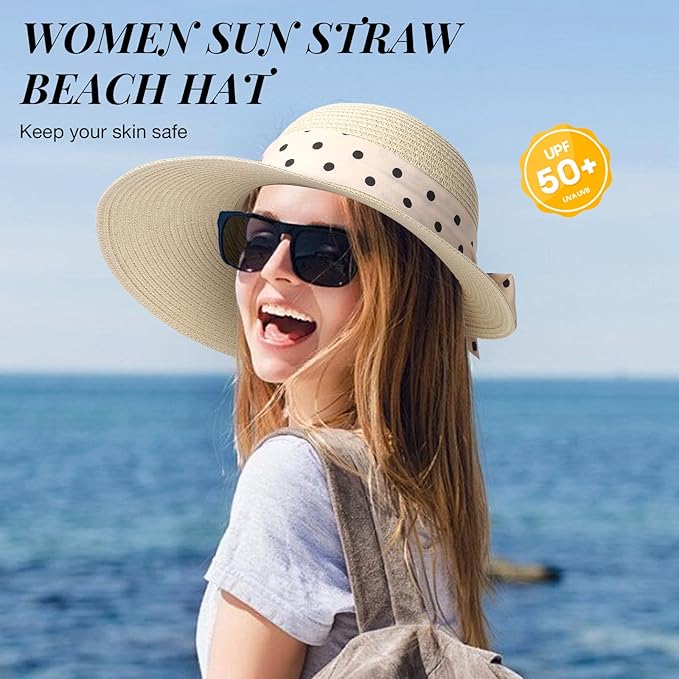 Beach Sun Hats for Women Wide Brim Straw Foldable Beach Hat UV Protection