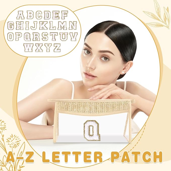 Personalized Initial Letter Bag Boho Straw Clear Makeup Bag,Small Cute Chenille Varsity Letter Pouch With Zipper,Beach Travel Toiletry,Portable Monogrammed Cosmetic Bag for Women Girls,Q