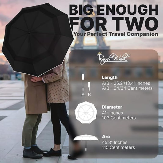 Royal Walk Windproof Folding Travel Umbrella Compact and Strong Luxurious Real Wood Handle Automatic Open Close Vented Double Canopy for Men and Women
