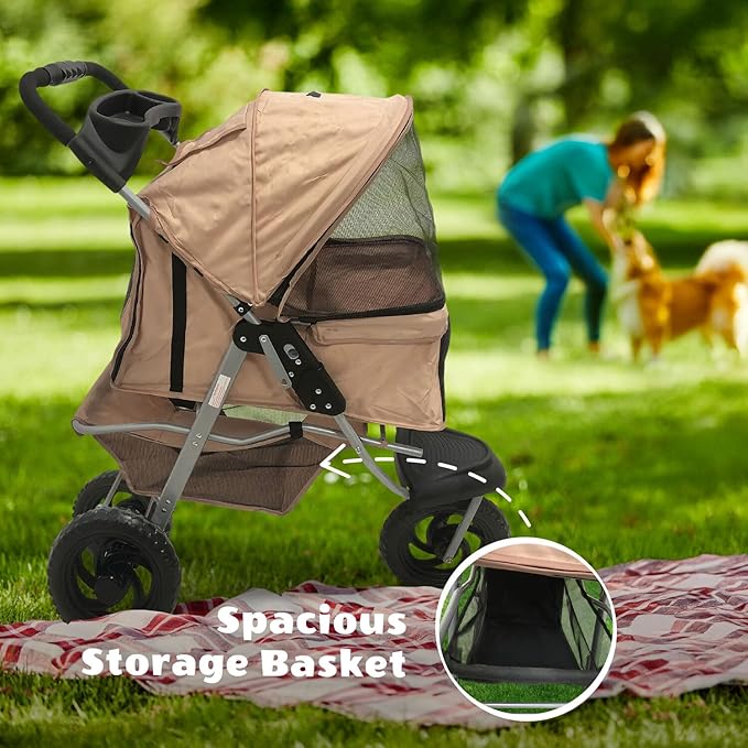 Critter Sitters 3-Wheel Jogging Dog Stroller with Storage Basket and Cup Holders, Modern and Stylish Pet Stroller for Medium to Large Pets up to 55 Pounds, Tan