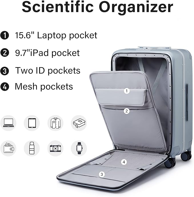 MILADA Wide Handle Luggage with Front Pocket Hardshell Aluminium Check In Suitcase with Wheels Medium 24 Inch Front Opening Checked Luggage with Spinner Wheels TSA Lock Airline Approved Luggage, Grey