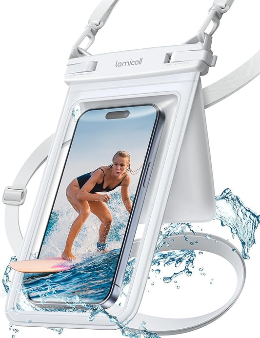 Lamicall Double Bag Waterproof Phone Pouch - IPX8 Waterproof Phone Case with Lanyard, Beach Vacation Cruise Ship Essentials for iPhone 16/14/13 Pro Max, Galaxy 25/24/23, 4-7.5" White