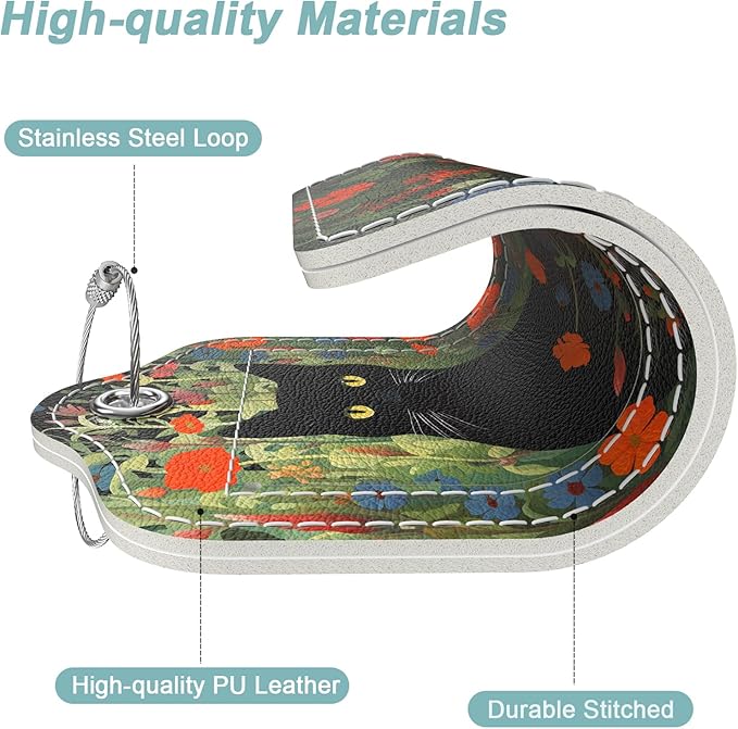 Rimilak 3 Pcs PU Leather Luggage Tags for Suitcase, Travel Cruise Luggage Tag with Privacy Flap, Name ID Label and Metal Loop for Women Men Baggage Handbag School Bag Backpack, Black Cat