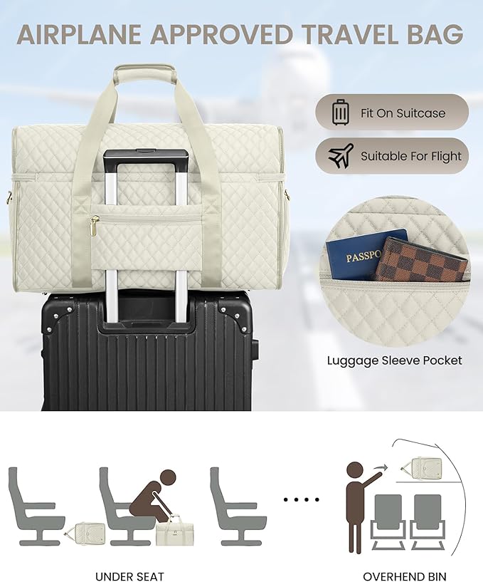 Weekender Travel Duffle Bag for Women: Overnight Bags with Shoe Compartment Carry on Bags for Airplanes with Toiletry Bag Weekend Yoga Gym Bag with Wet Pocket Beige