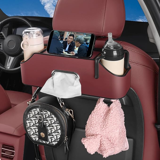 HOLDCY Car Back Seat Organizer with 2 Drink Cup Holder - Tissue Box and Storage Box Hook - Multi-functional Storage - Great for Kids and Travel (Red)