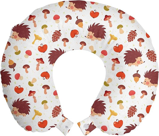 Ambesonne Mushroom Travel Pillow Neck Rest, Autumn Inspired Pattern with Natural Elements Hedgehogs Acorns and Apples, Memory Foam Traveling Accessory for Airplane and Car, 12", Burgundy White