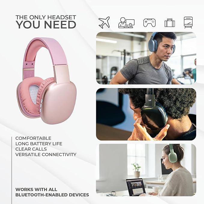 iJoy Ultra Wireless Over-Ear Bluetooth Headphones with Mic, Up to 10 Hours Playtime, Bluetooth Headset 33Ft Range with Backup AUX Cable & SD Slot, Wireless Headphones for Gaming, Work & Gym (Pink)