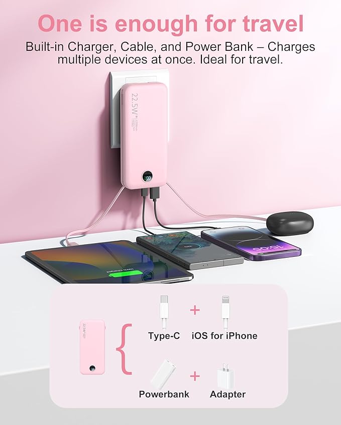 Portable Charger, 12000mAh 22.5W Fast Charging Power Bank with Built-in Cables & Wall Plug, External Battery Pack with LED Display, Travel Essentials Battery Bank for iPhone, iPad, Samsung Fairy Pink