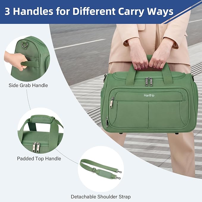 HanTrip Carry on Duffel Bag Foldable Duffle Bags for Travel, Under Seat Personal Item Bags for Airplanes, Weekender Overnight Mens Travel Tote Bag for Women Softside Carry on Luggage (Forest Green)