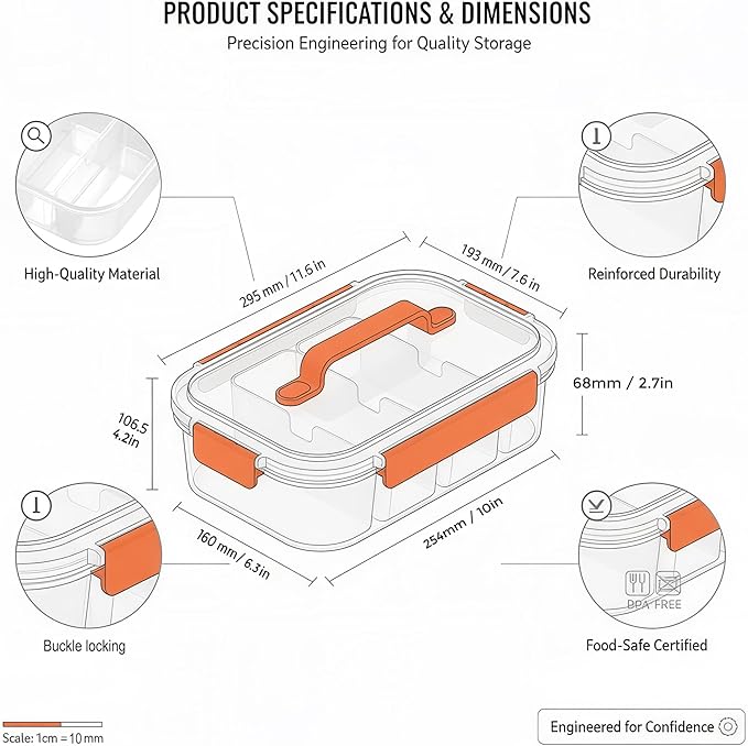 Li & Zhao Snackle Box Container - 4-Compartment Divided Snack Serving Tray with Silicone Handle, Perfect for Picnics, Leak-Proof, and Dishwasher-Safe Dressing Containers(Orange)