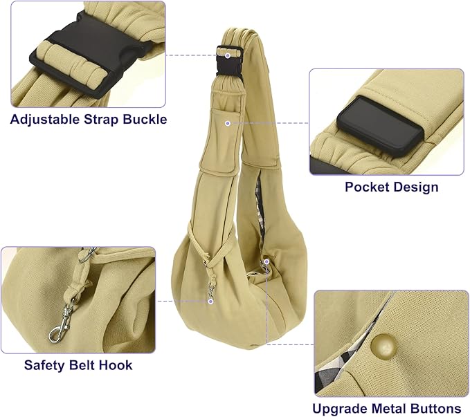 PETAXCELL Dog and Cat Sling Carrier Up to 16.5 Lbs, Hand-Free Reversible Pet Sling Carrier with Adjustable Strap and Pocket, (Khaki, 1 Pcs) Intended for Hiking/Camping/Traveling