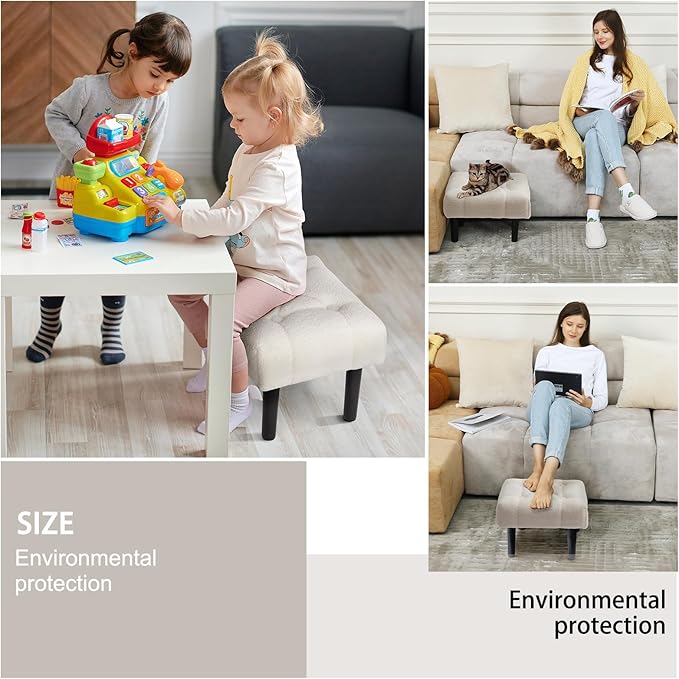 HOUCHICS Fur Padded Foot Stool, Small Ottoman with Wooden Legs, Modern Rectangle Chair Foot Rest for Living Room, Couch, Desk (White)