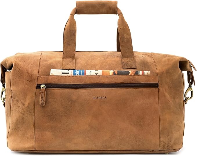 Leabags Leather Weekender | Genuine Leather Premium Travel Bag | 41L Sports Duffle Gym Training Airplane Bag | Large | Natural Light Brown | for Women & Men