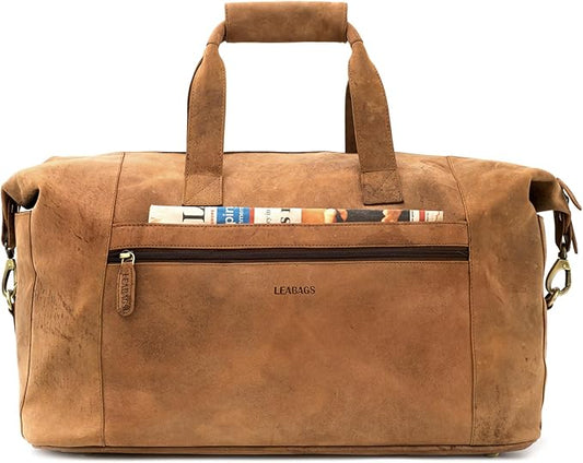 Leabags Leather Weekender | Genuine Leather Premium Travel Bag | 41L Sports Duffle Gym Training Airplane Bag | Large | Natural Light Brown | for Women & Men