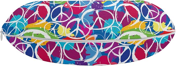 Ambesonne Retro Travel Pillow Neck Rest, Universal Peace Sign on Colorful Pop Art Style Background Pacifist Activism, Memory Foam Traveling Accessory for Airplane and Car, 12", Purple Blue