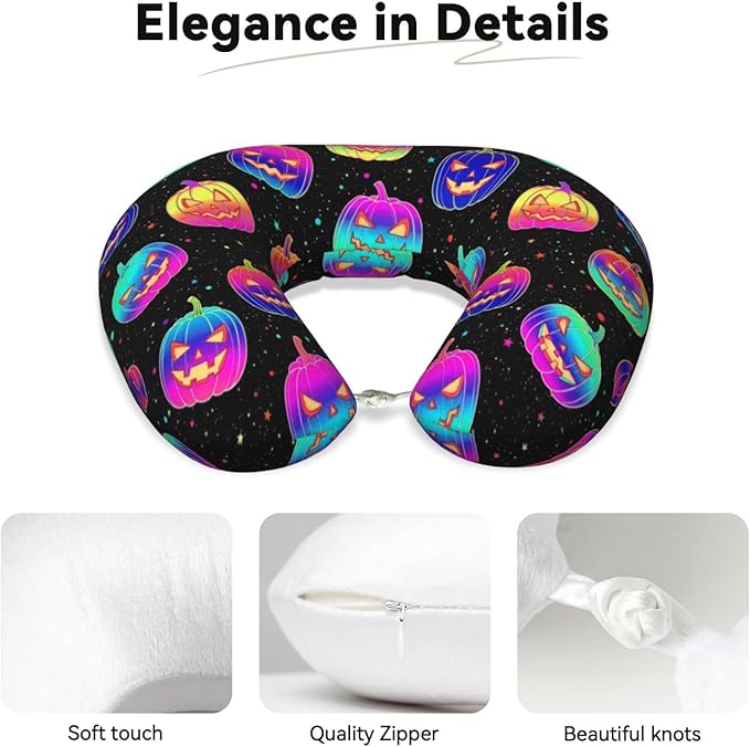 Neck Travel Pillow, Breathable Memory Foam Chin & Head Support Cushion Halloween Trippy Neon Pumpkin Skull for Airplane Car Sleeping Rest