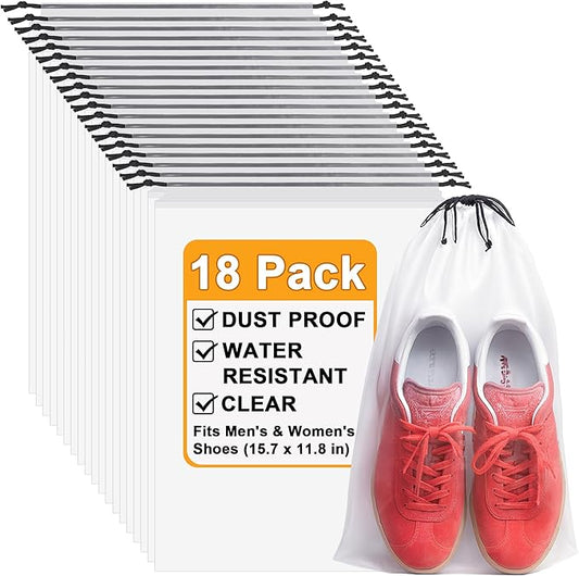 18 Pack Clear Shoe Bags for Travel, 15.7"×11.8" PEVA Drawstring, Water-Resistant, Fits up to Men’s 12–13, Reusable Storage for Shoes, Clothes & Toiletries, Keep Luggage Tidy & Odor-Free