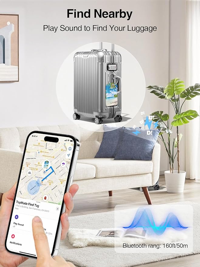 TopMade Smart Luggage Tag with Apple Find My, Premium Leather Luggage Tags for Suitcase, Travel Bags, Backpacks, Anti-Lost Suitcase Tag Tracker for Travel with Privacy Name Card, Rechargeable