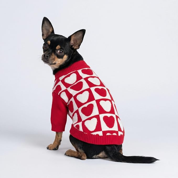 Fitwarm Checkered Heart Dog Sweater, Cozy Valentines Outfit for Small Dogs Girl, Festive Pet Clothes, Red, White, Large