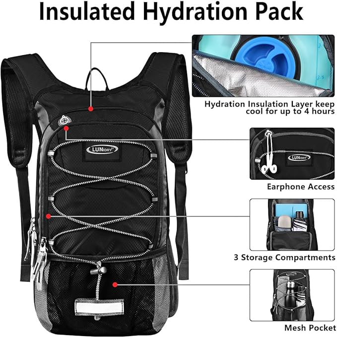 Insulated Hydration Pack Backpack with 3L BPA Free Leak-Proof Water Bladder, Keep Liquids Cool for Up to 5 Hours, Daypack for Hiking, Running, Cycling, Hunting, Climbing