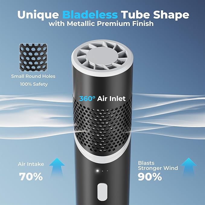 COMLIFE Portable Handheld Turbo Fan with Rotatable Head, 22H Run Time, 14000RPM High Speed Motor, 3 Speeds & Metal Tube Body, Mini Yet Powerful Pocket Rechargeable for Travel Outdoor Beach-Black