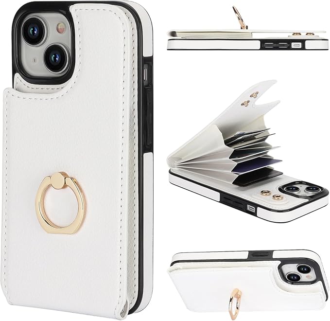 Folosu Compatible with iPhone 15 Case Wallet with Card Holder, 360°Rotation Finger Ring Holder Kickstand, RFID Blocking Leather Protective Double Buttons Shockproof Cover 6.1 Inch White