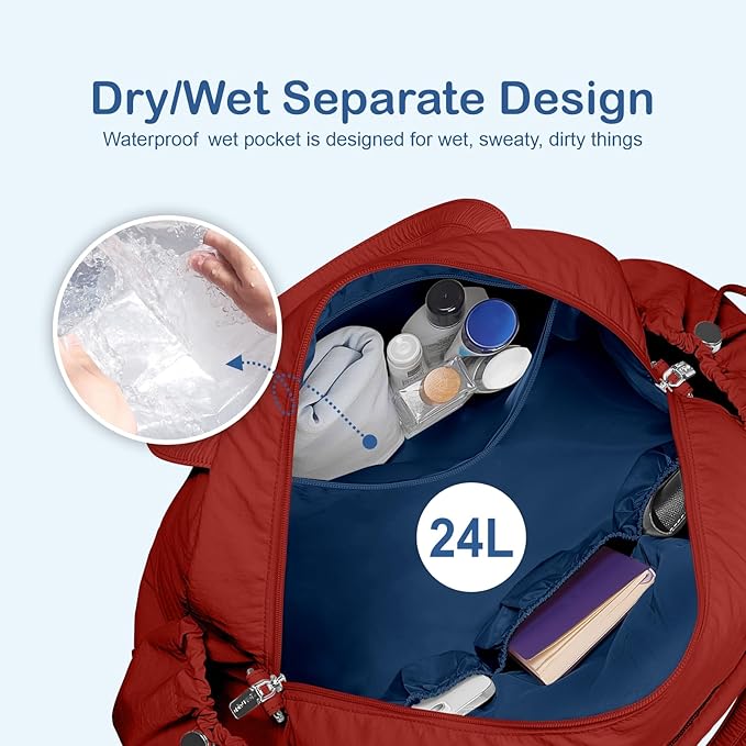 TOPDesign Travel Duffel Bag for Women, Puffer Gym Bag Sports Tote with Wet Pocket, Carry On Weekender with Luggage Sleeve (Maroon)