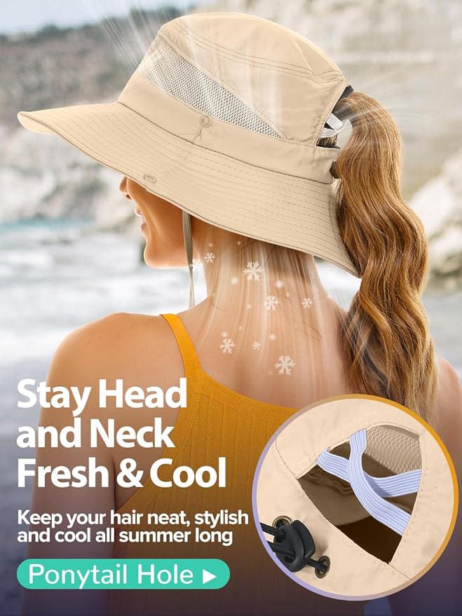 Sun Bucket Beach Hats for Women with Ponytail Hole,Sun Protection UV UPF50+ Waterproof Fishing Safari Hiking Hat