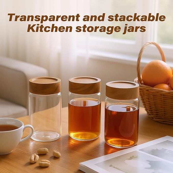 Zoaiirte 6-Pack 10 oz Airtight Food-Grade Glass Mason Jars with Acacia Wood Lids - Sealable, Waterproof & Stackable Canister Set for Overnight Oats, Dry Goods, Baking Supplies & Pantry Organization