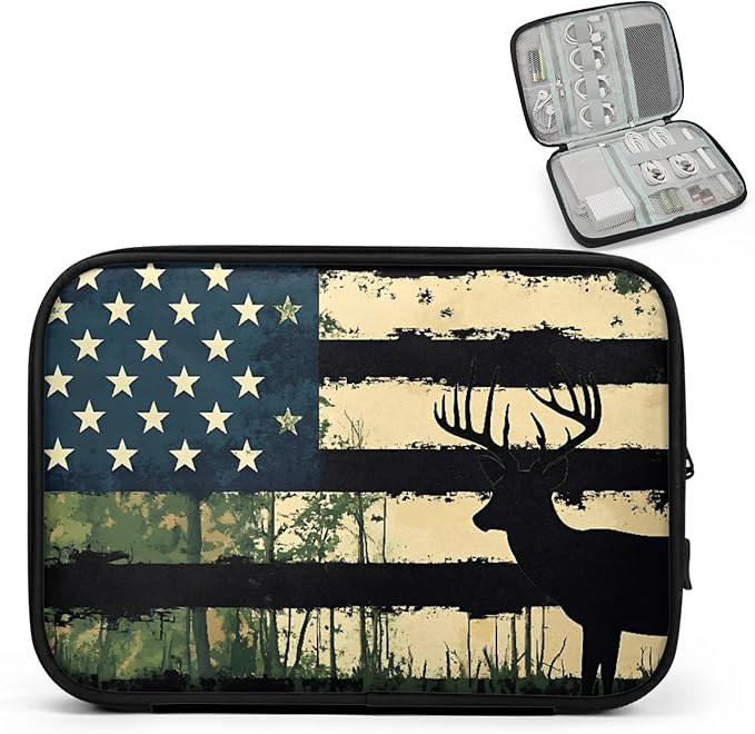 Forest Deer Elk Travel Cable Organizer Pouch Camo American Flag Electronics Accessories Carry Case Portable Water Resistant Storage Bag for Cord Charger Phone Earphone SD Card