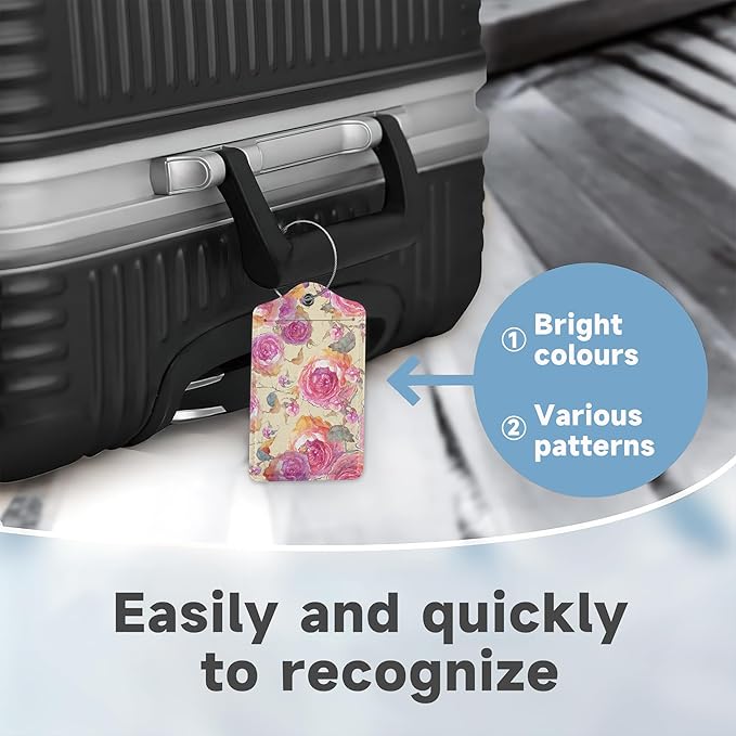 2 Pack Luggage Tag for Suitcase,Retro Flower Rose Leather Suitcase Tags Identifiers with Privacy Name Address Labels and Durable Steel Loop for Women Men Travel