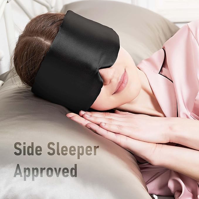 Nature Silk Sleeping Mask Soft Featherweight Eye Mask Large Wrap-Around Blindfold with Adjustable Velcro Blackout for Wild Sleeper Nose Cut (Black)