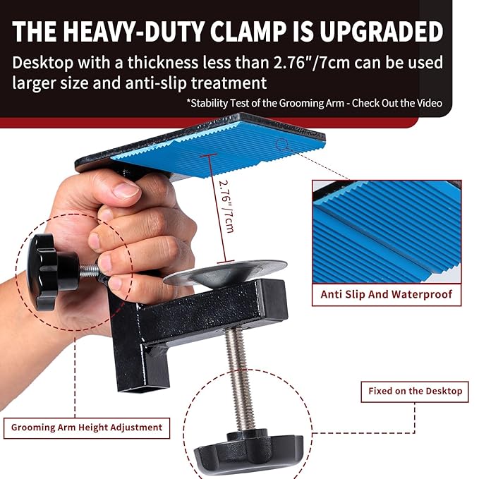 Phenfor Dog Grooming Table Arm with Hammock - Adjustable Height, Pet Grooming Hammock, No Sit Haunch Holders, Loop Noose Heavy-Duty Clamp (Stainless Steel)