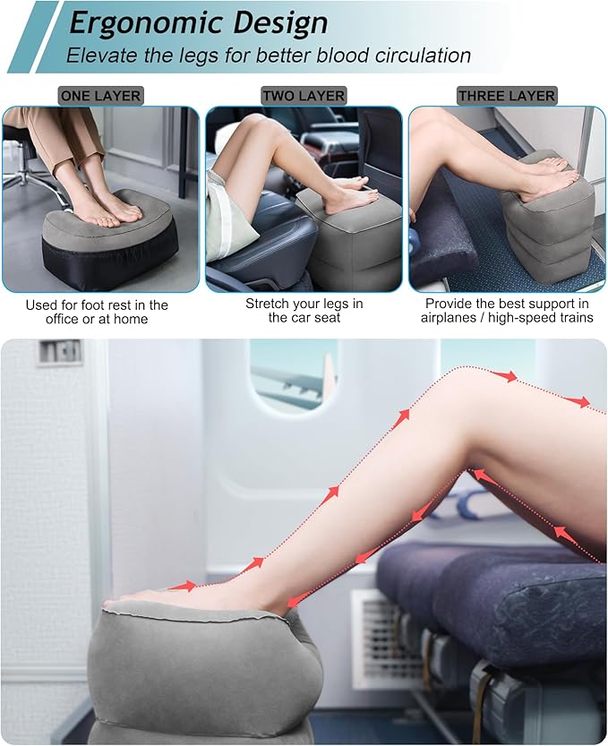 JefDiee Inflatable Travel Foot Rest Pillow,Kids Airplane Bed,Adjustable Height Flight Pillow,Travel Essentials for Airplane,Office,Home,Trains,Cars
