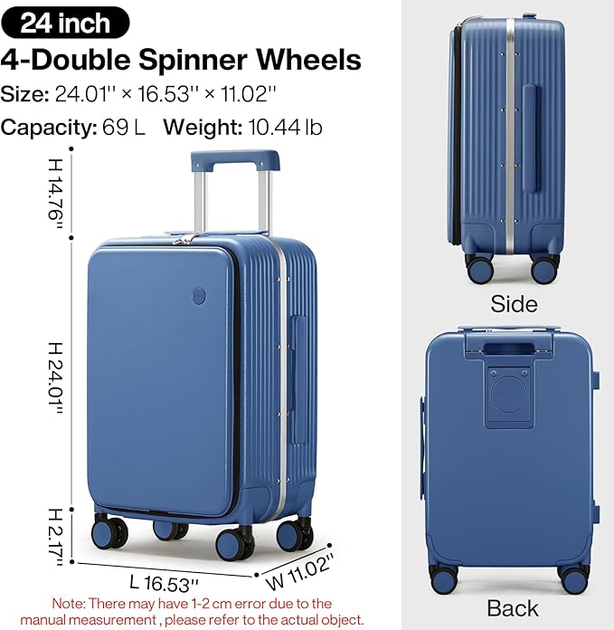 mixi Large Checked Luggage with Cup Phone Holder and Charger Hard Shell Suitcases with Spinner Wheels, 24 Inch Sapphire Blue