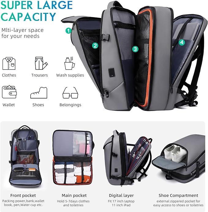 Laptop Backpack for Women, 50L Carry On Backpack Men, Expandable Flight Approved Water Resistant Luggage with 3 Packing Cubes & USB Port, Travel Backpack Fits 17.3 Inch Notebook