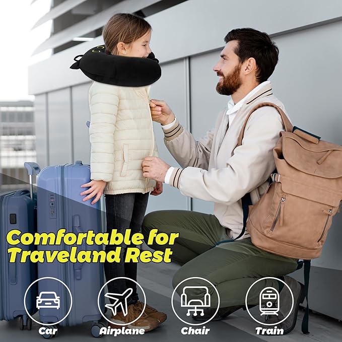 Travel Neck Pillow for Kids Adult, Cute Black Cat Kids Travel Pillow, Cartoon Neck Pillow for Traveling, Soft U Shaped Travel Pillow for Airplane, Car, Recline, Sleeping