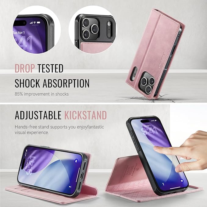 PlusnapX Wallet Case for iPhone 17 Pro Max Compatible with Magsafe, 2-in-1 PU Leather Flip RFID Blocking Card Holder Stand Shockproof Magnetic Detachable Cover for iPhone 17 Pro Max Case 6.9", Pink