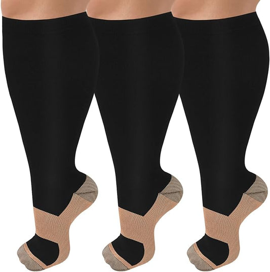 3 Pack Plus Size Compression Socks for Women & Men, Extra Wide Calf Knee High Stockings for Circulation Support